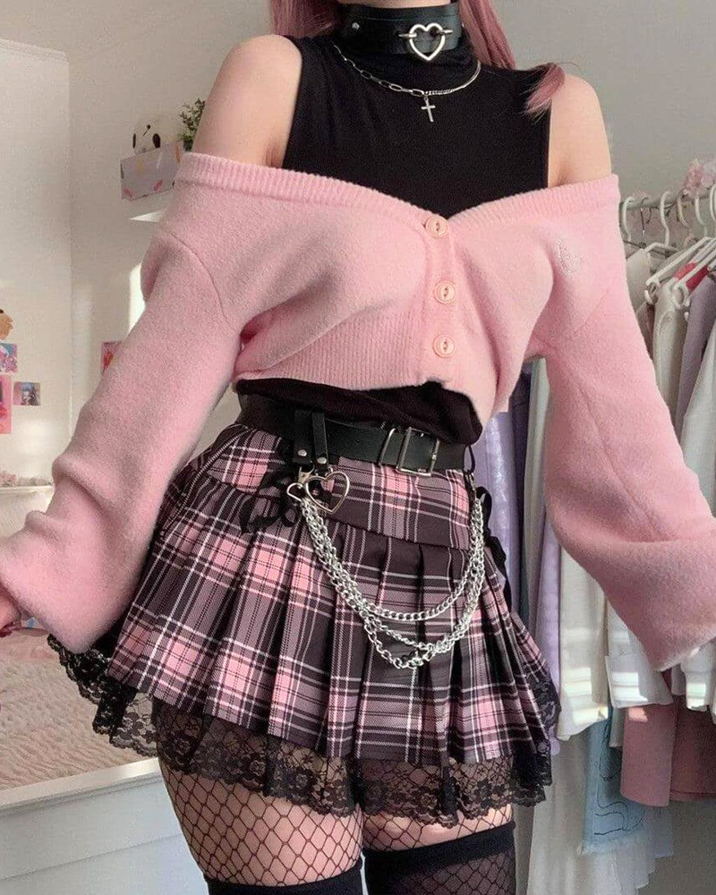 OFFSEAL Y2K Pink And Black Plaid Pleated Skirt