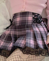 OFFSEAL Y2K Pink And Black Plaid Pleated Skirt