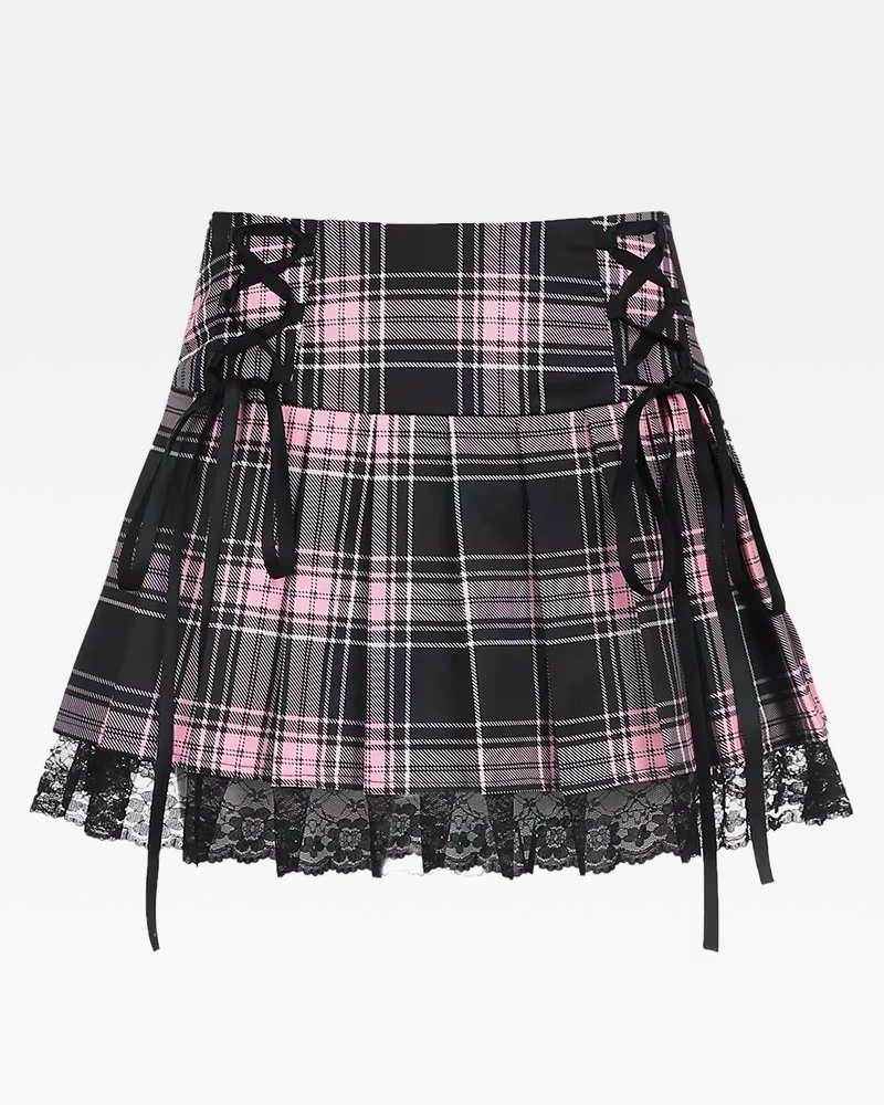 OFFSEAL Y2K Pink And Black Plaid Pleated Skirt
