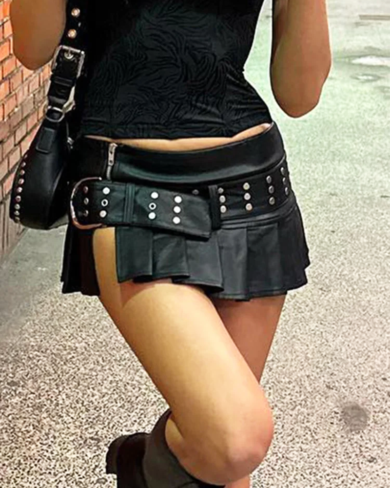 OFFSEAL Pleated Leather Mini Skirt