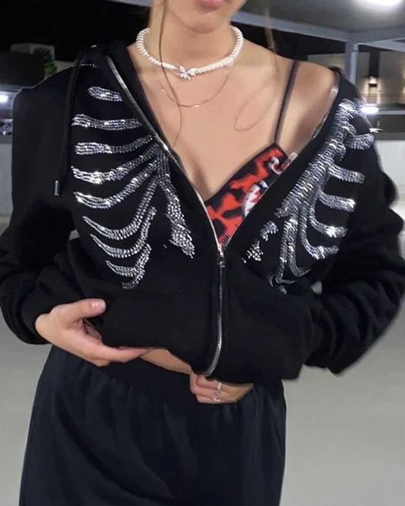 OFFSEAL Skeleton Rhinestone Hoodie
