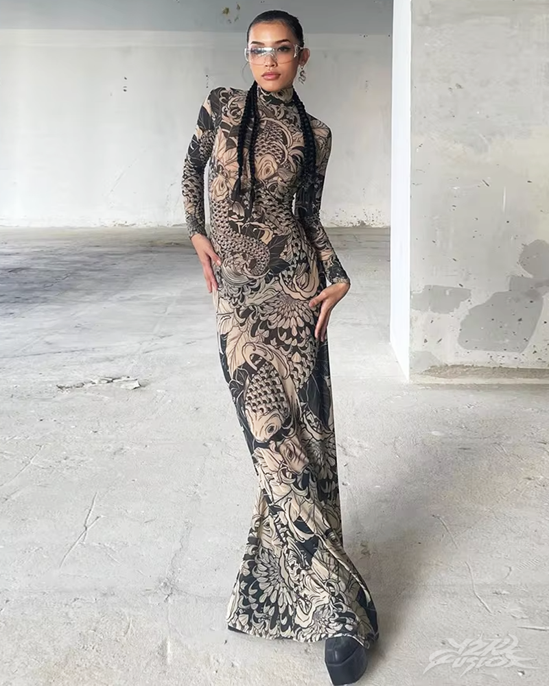 OFFSEAL Tattoo Print Maxi Dress