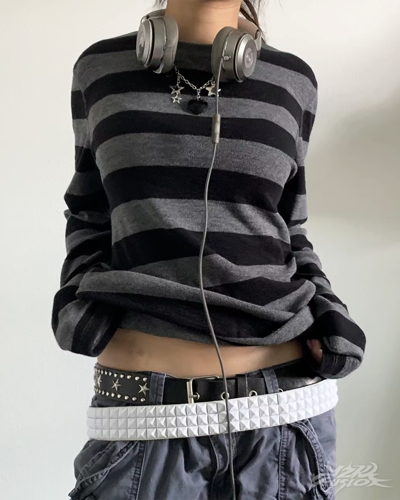 OFFSEAL Y2K Black And Gray Striped Long-Sleeve Shirt