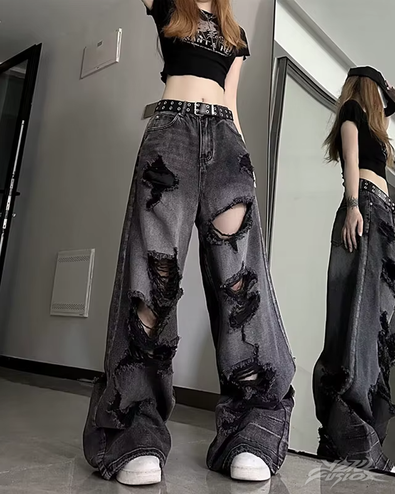 OFFSEAL Y2K Black Ripped Jeans