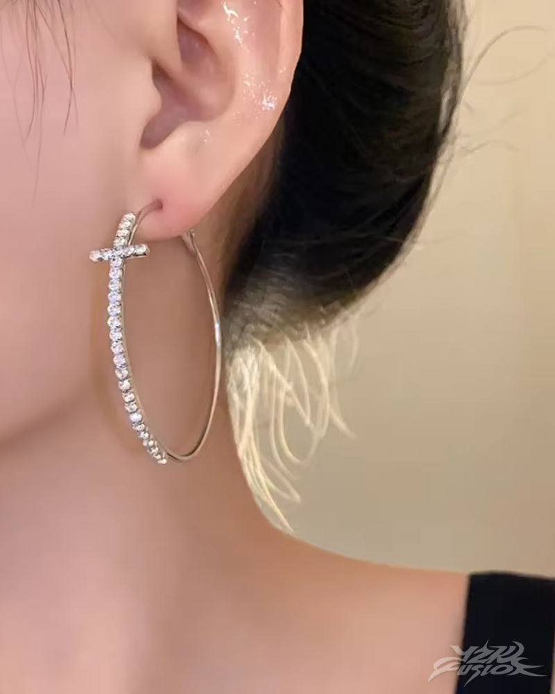 OFFSEAL Y2K Rhinestone Cross Hoop Earrings
