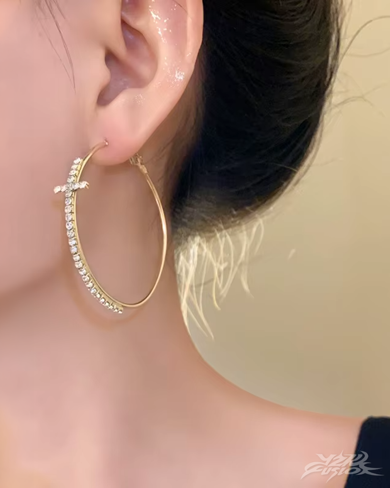OFFSEAL Y2K Rhinestone Cross Hoop Earrings