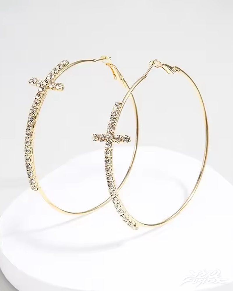 OFFSEAL Y2K Rhinestone Cross Hoop Earrings