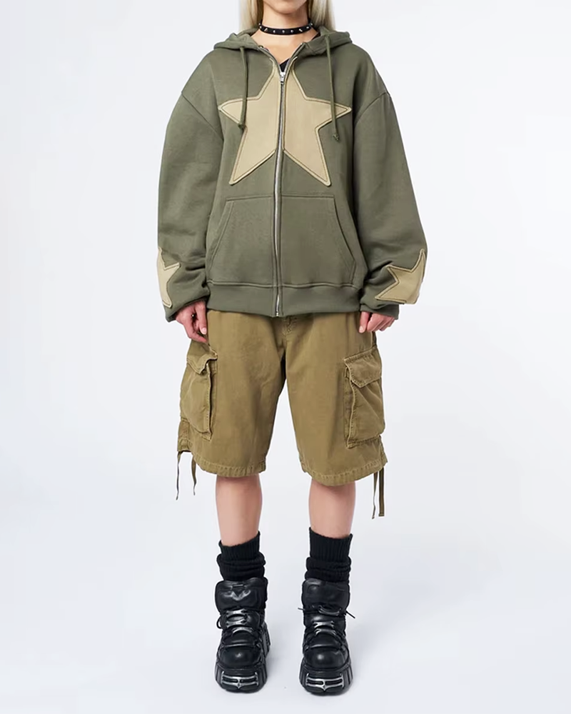 OFFSEAL Y2K Star Patchwork Zip-Up Hoodie