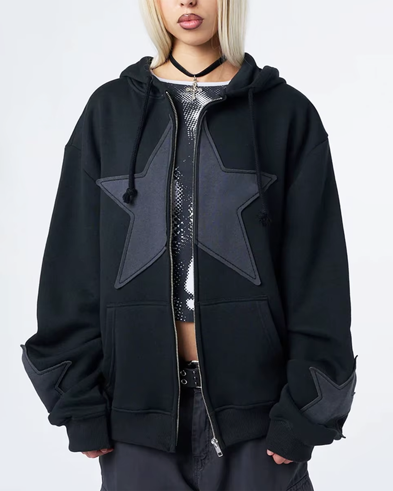 OFFSEAL Y2K Star Patchwork Zip-Up Hoodie