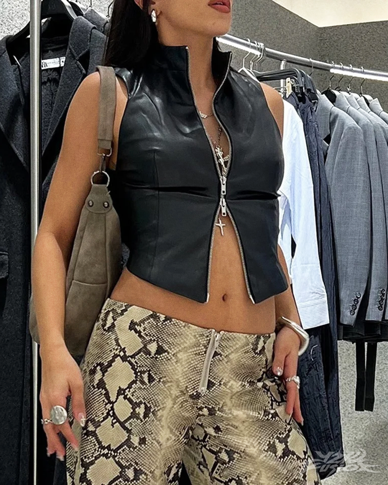 OFFSEAL Y2K Zip-Up Leather Top